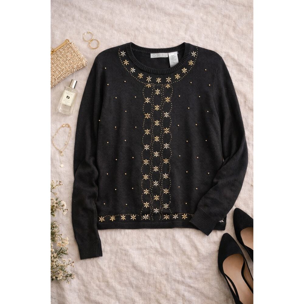 OHI Vintage Beaded Floral Sweater‎ Black Sequin Embellished Pullover L